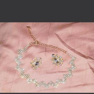 Gold Rhinestone Choker with Earrings